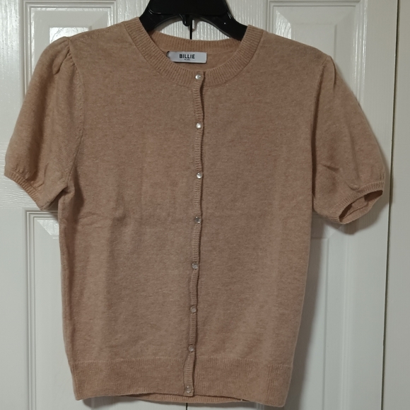 Billie Tan Knit Short Sleeve Merino Wool Cardigan Sweater - Picture 2 of 9